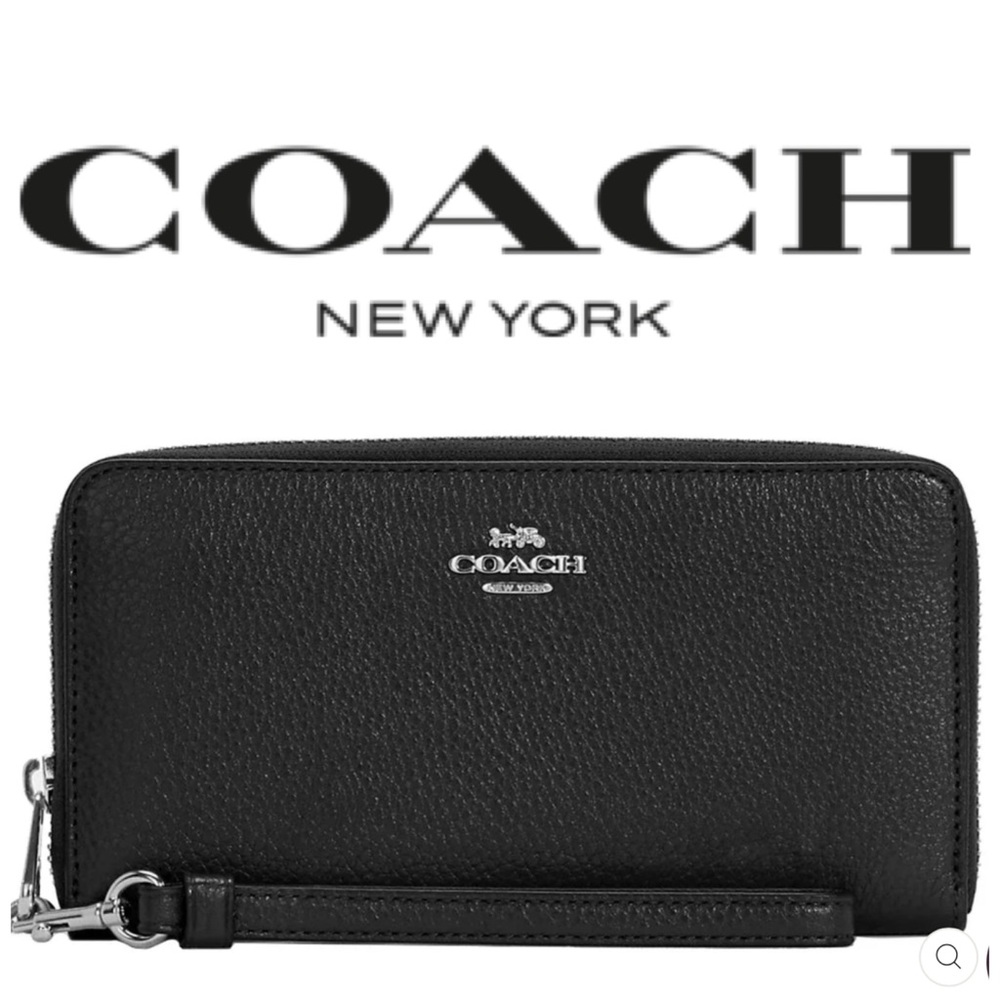 Coach Pebble Leather Long Zip Around Black Silver Wallet